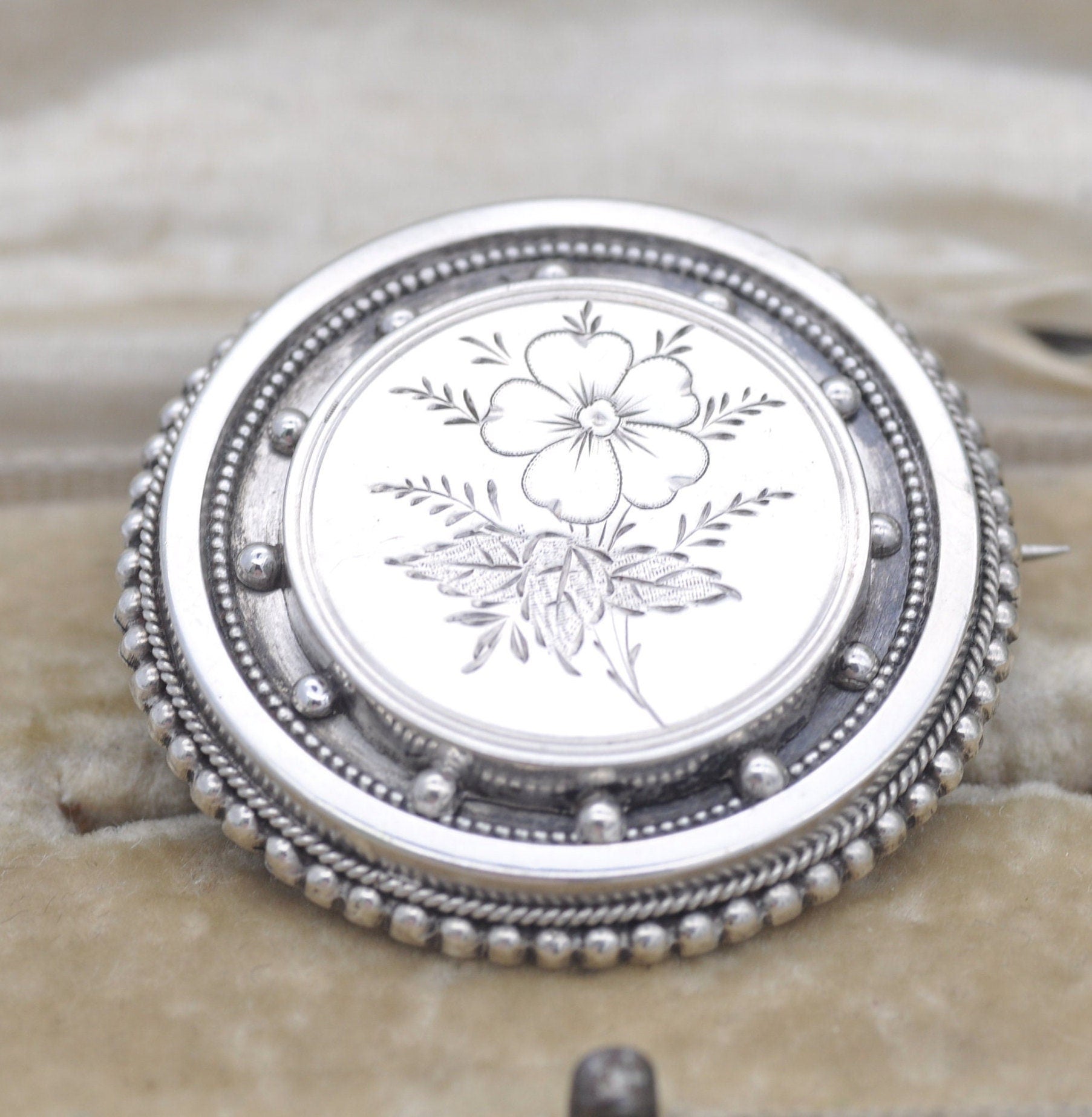 Antique Victorian Sterling Silver Sentimental Brooch - Flower Brooch with Secret Locket Compartment