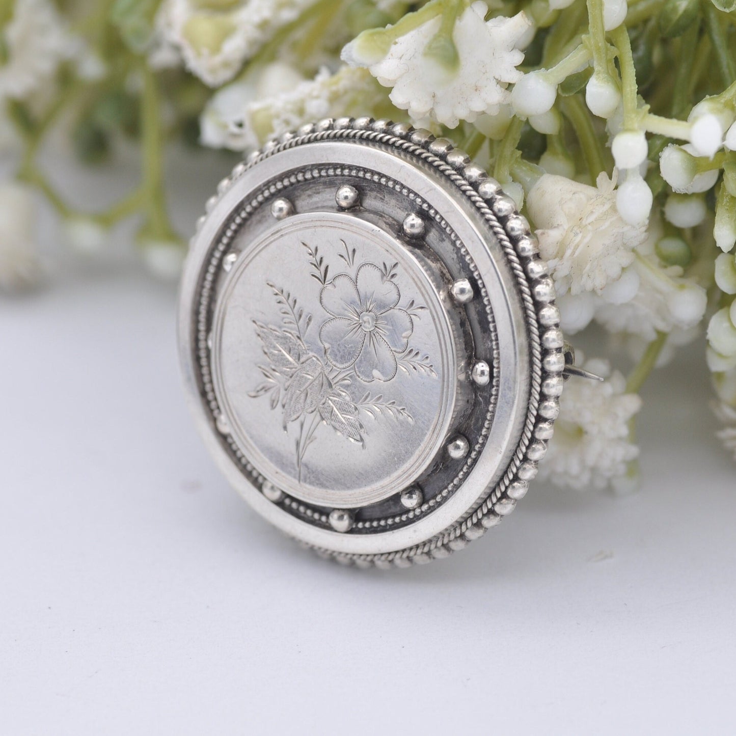 Antique Victorian Sterling Silver Sentimental Brooch - Flower Brooch with Secret Locket Compartment