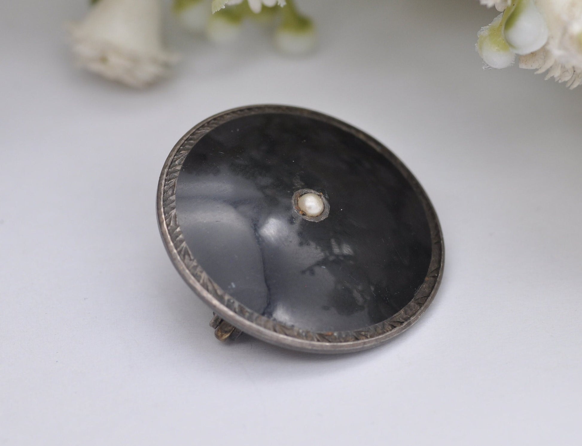 Antique Victorian Silver Enamel and Seed Pearl Brooch