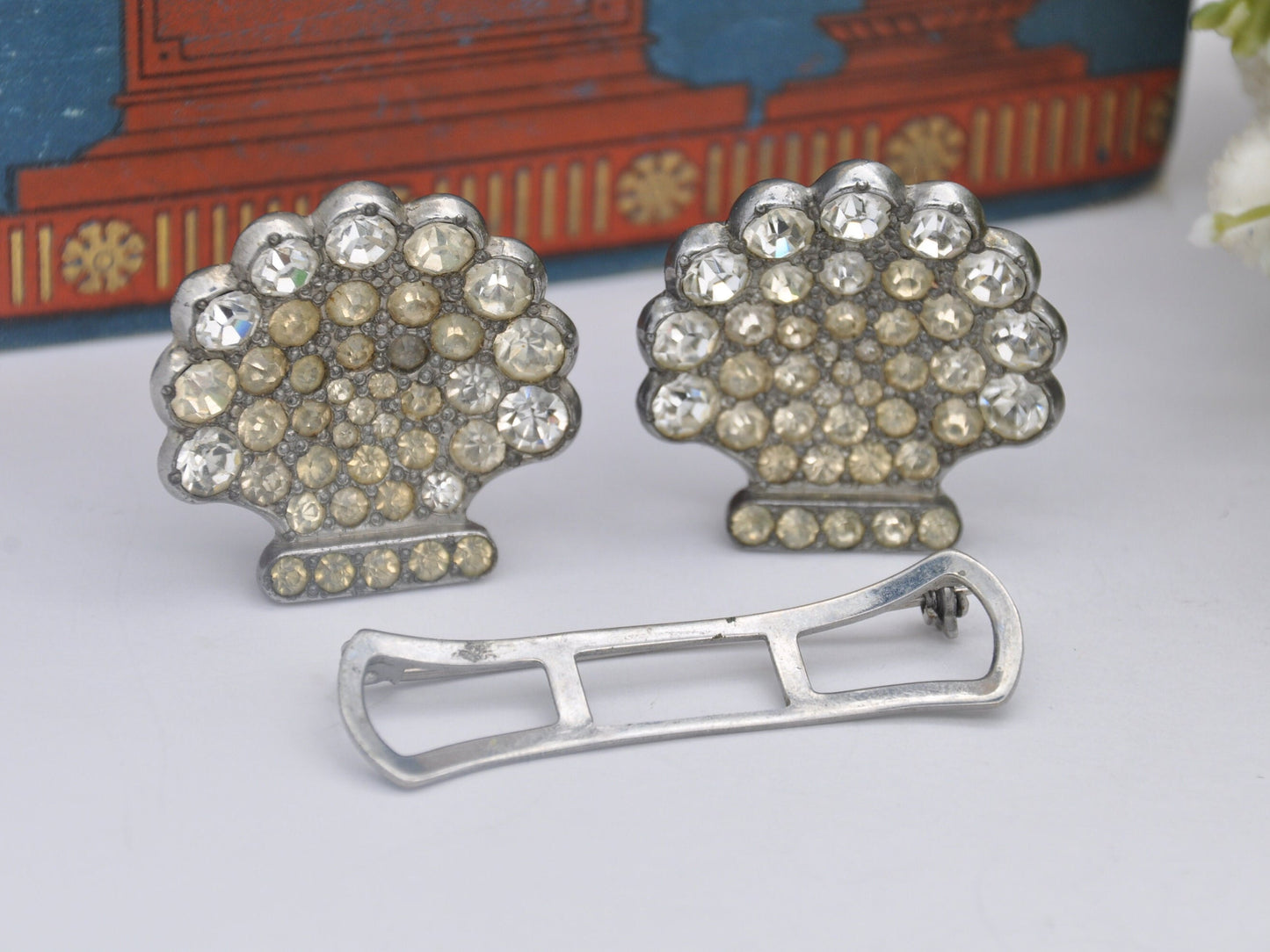 Vintage Art Deco Duette Clip Brooch Set with Clear Paste