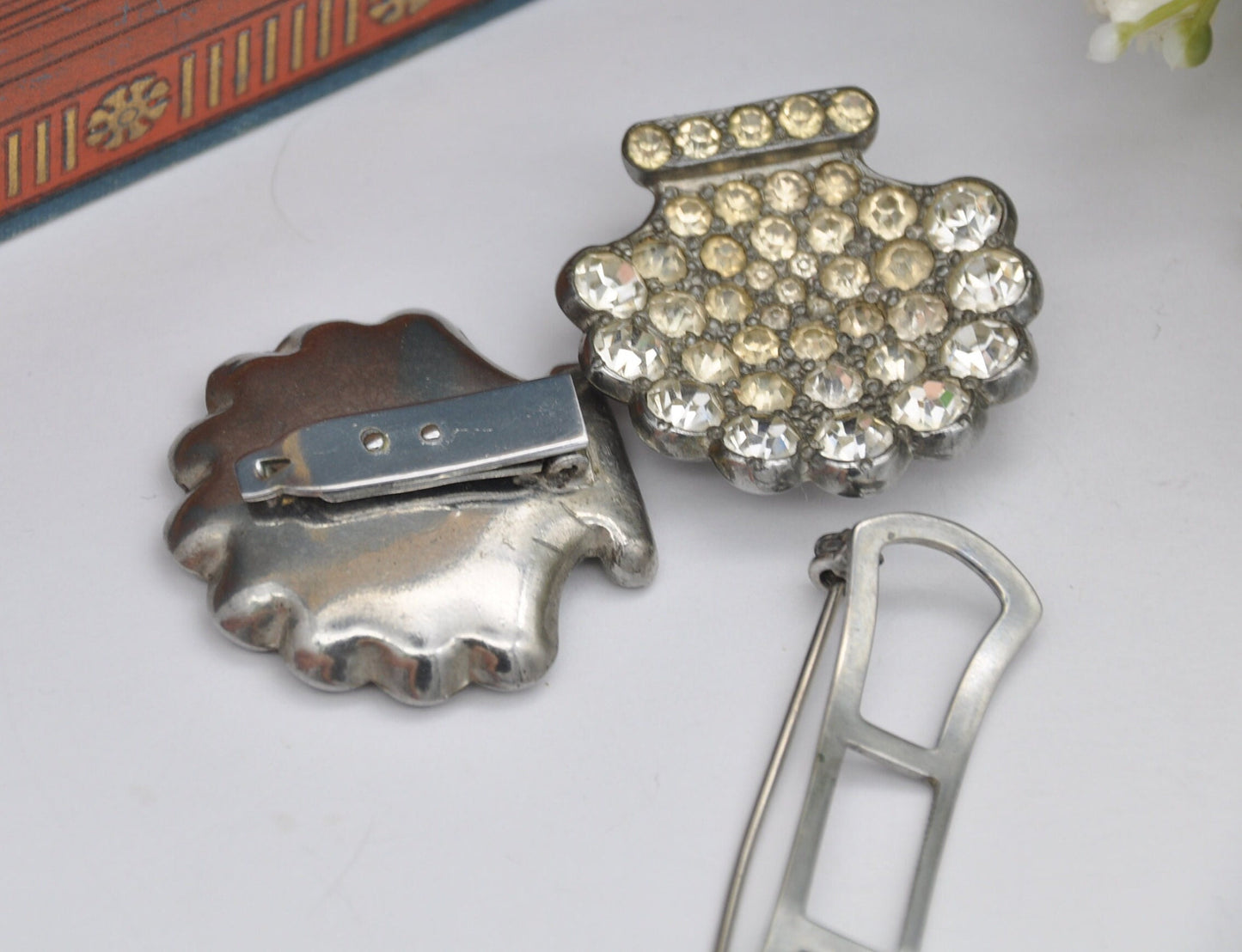 Vintage Art Deco Duette Clip Brooch Set with Clear Paste