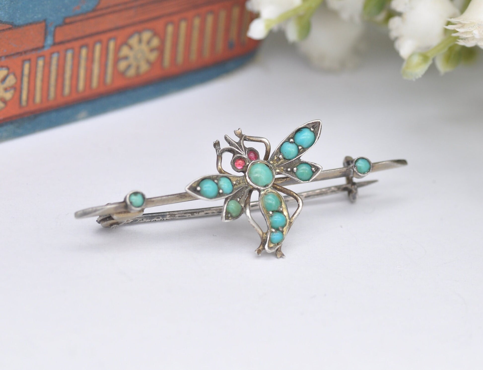 Antique Sterling Silver Turquoise Dragonfly Brooch with Garnet Eyes