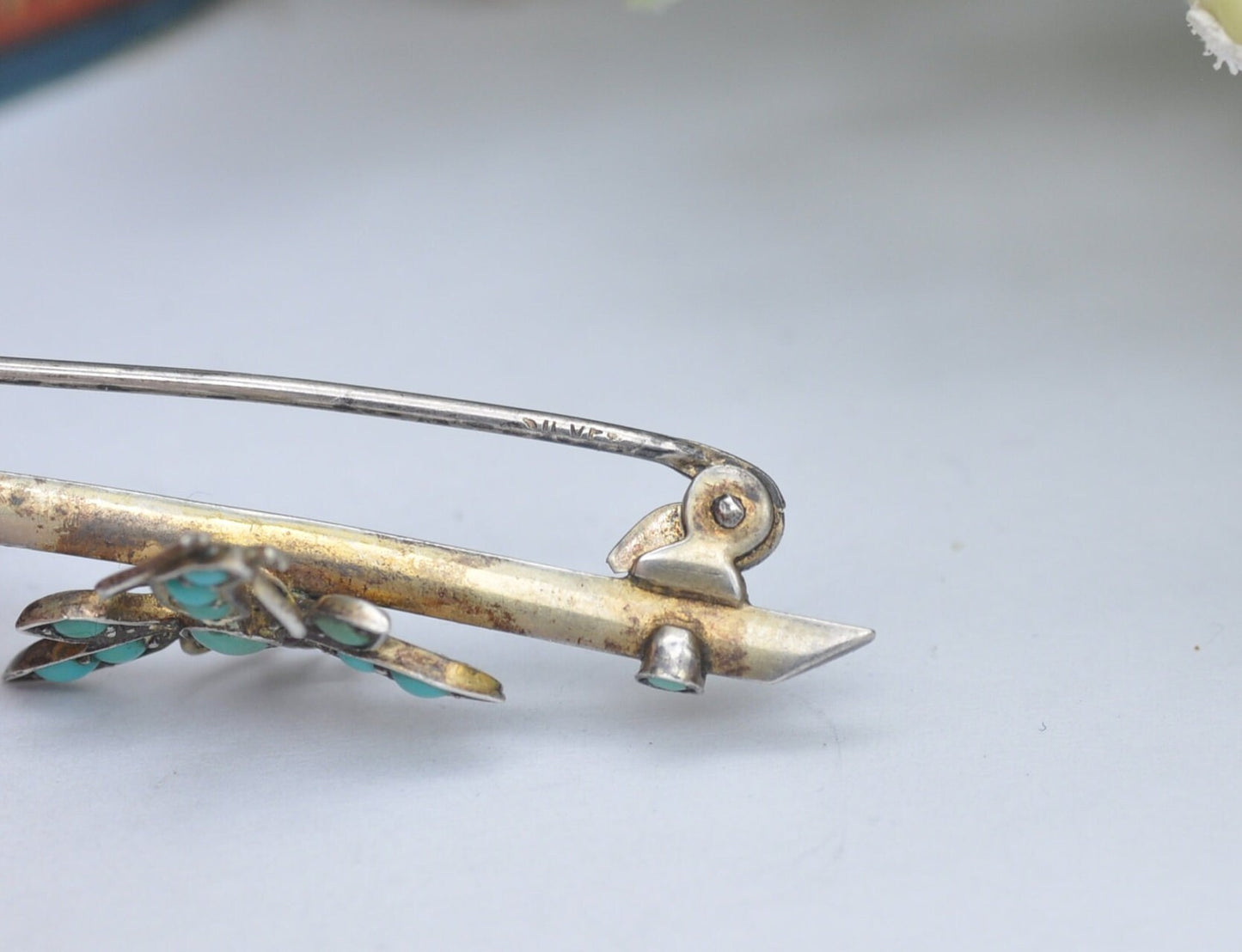 Antique Sterling Silver Turquoise Dragonfly Brooch with Garnet Eyes