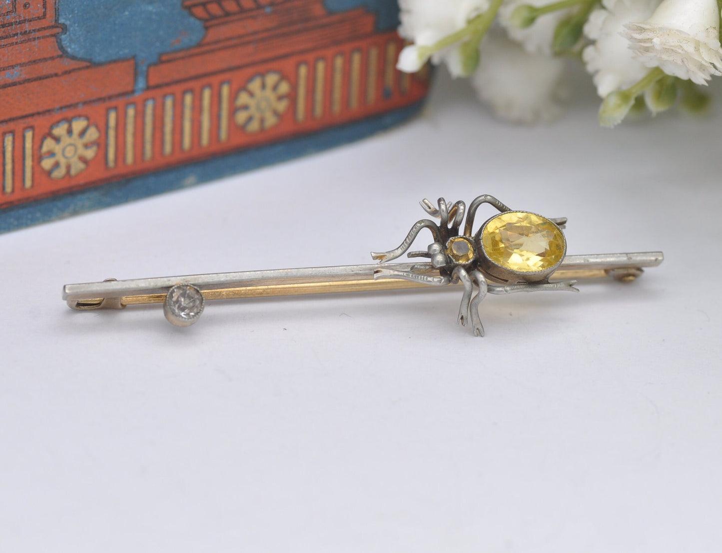 Antique Sterling Silver Spider Brooch Set with Citrine Paste