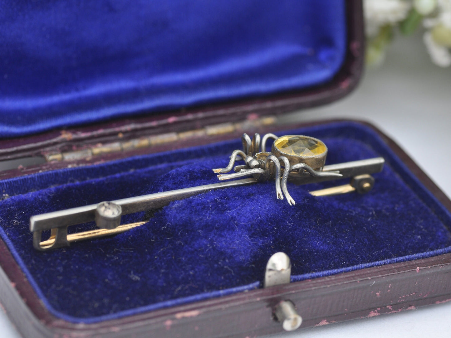 Antique Sterling Silver Spider Brooch Set with Citrine Paste