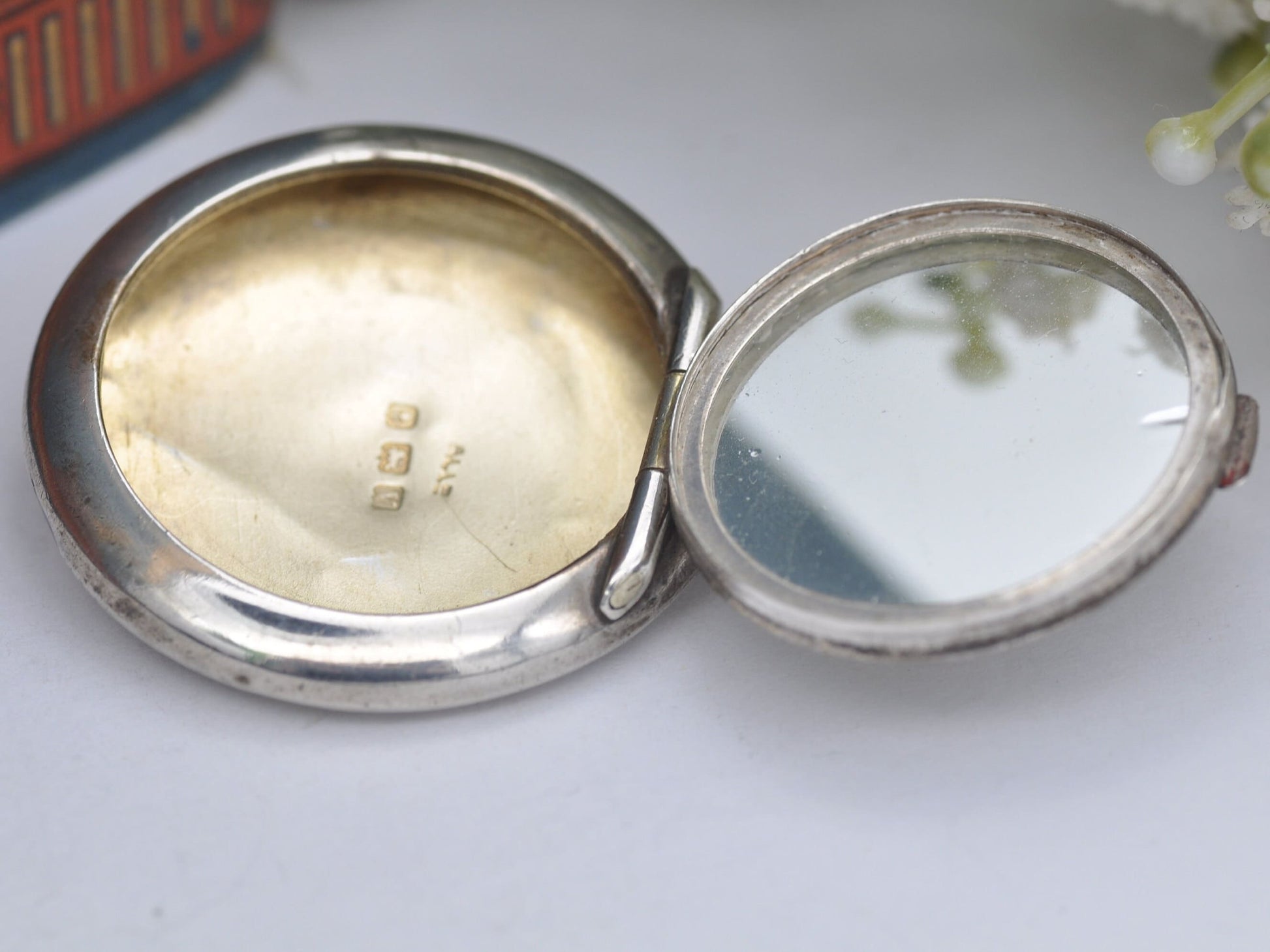 Antique Art Deco Sterling Silver Compact Mirror Locket Pendant by Adie & Lovekin 1920