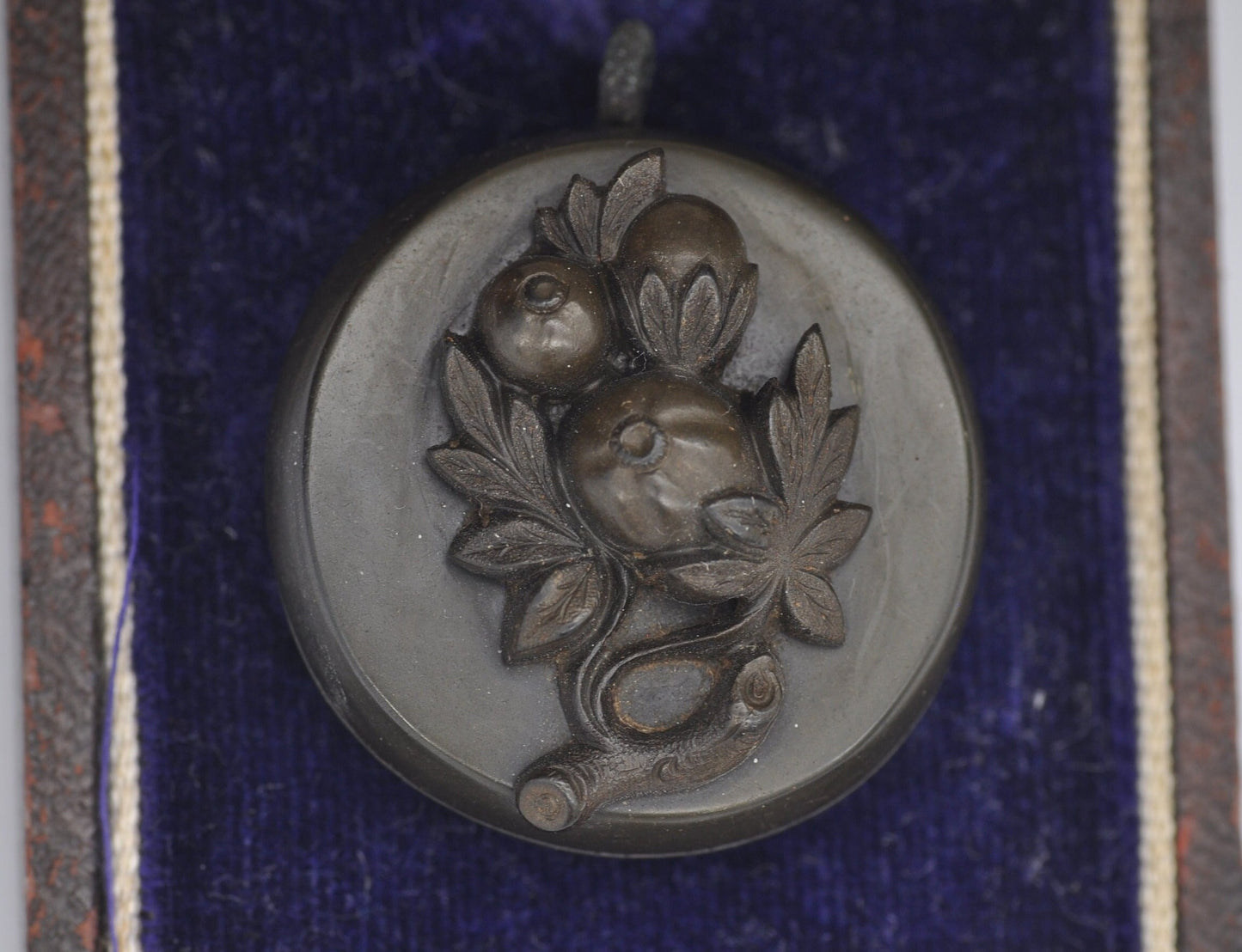 Antique Victorian Vulcanite Locket with Fruit Tree Design and Hand Carved Inside