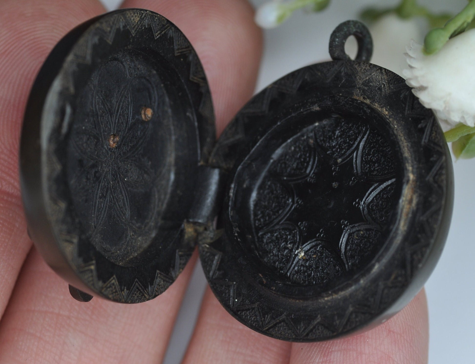 Antique Victorian Vulcanite Locket with Fruit Tree Design and Hand Carved Inside