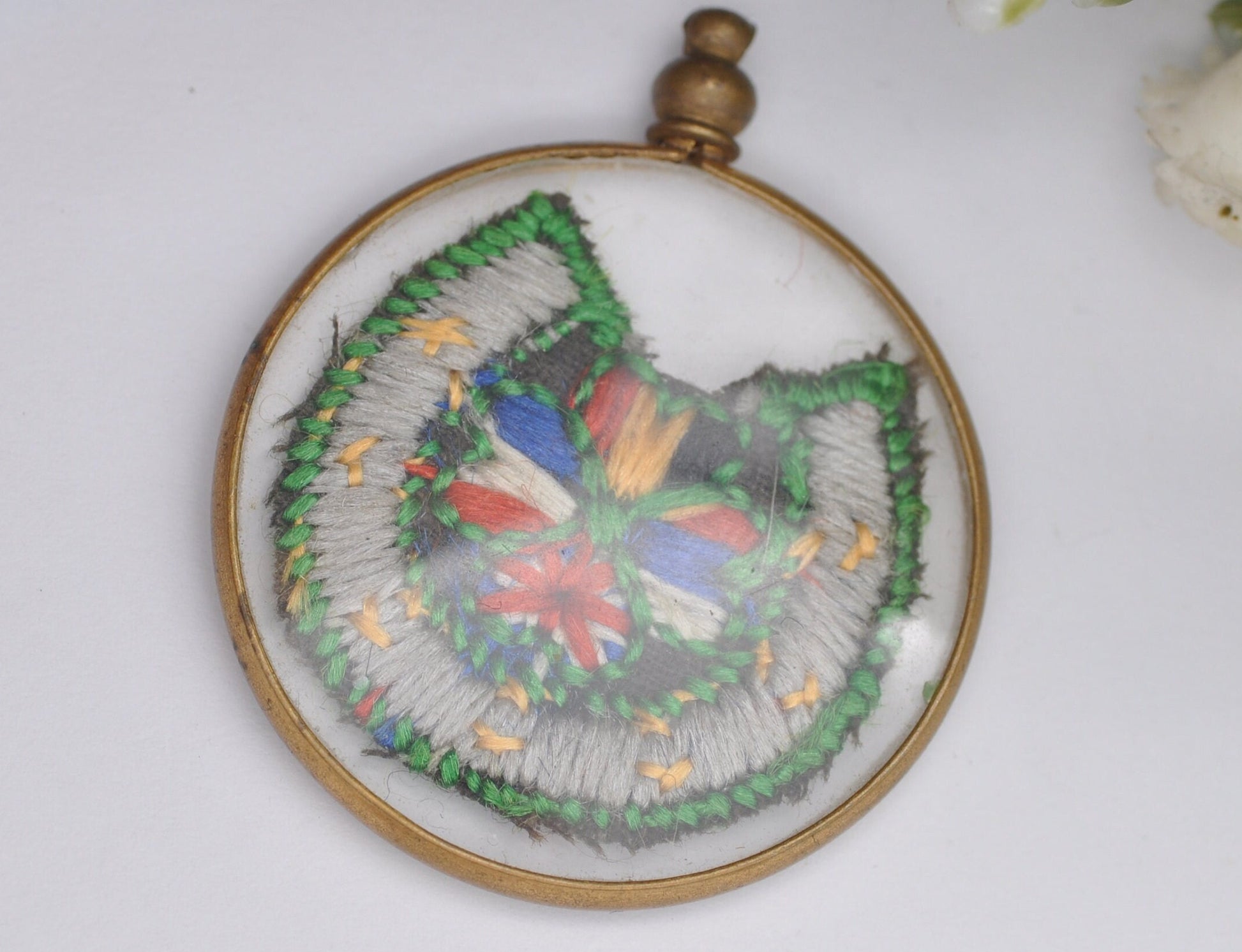 Antique WWI Horsehoe Allies Embroidery Pendant in Glass Locket Frame