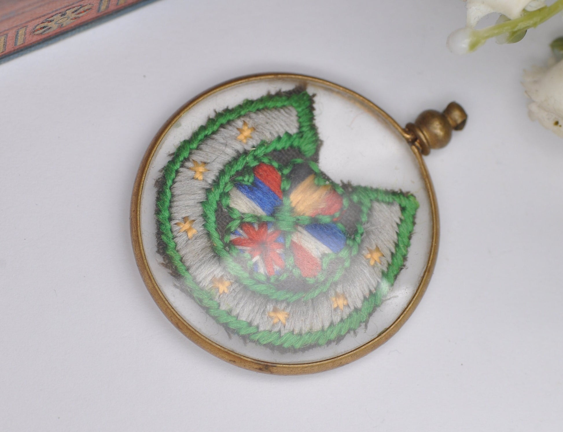 Antique WWI Horsehoe Allies Embroidery Pendant in Glass Locket Frame