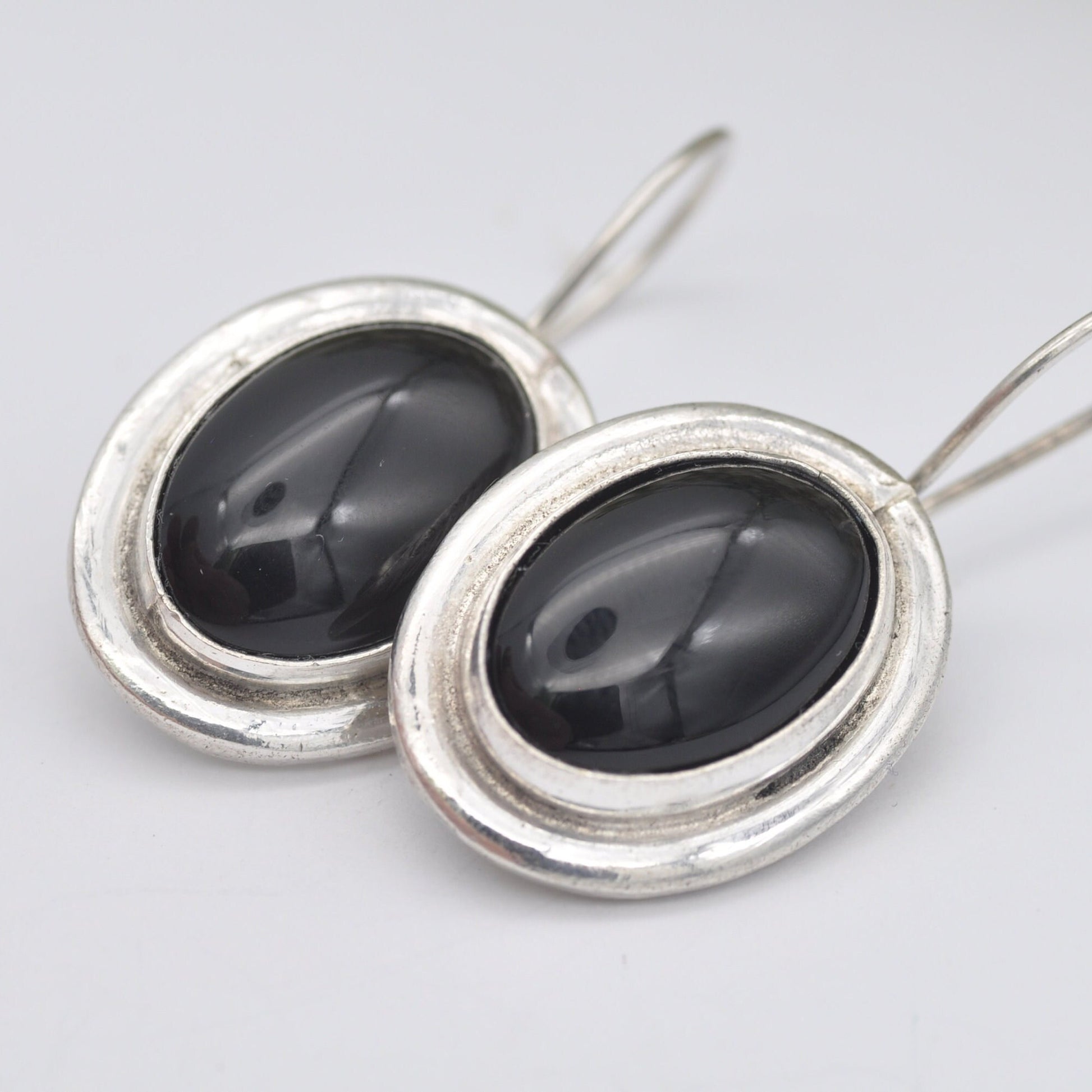 Vintage Silver Onyx Drop Earrings - Large Statement Cabochon Gemstones