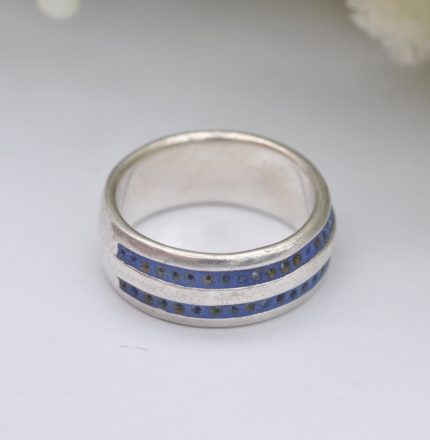 Vintage Sterling Silver Blue Enamel Band Ring - Unisex Silver | UK Size - N | US Size - 6 3/4