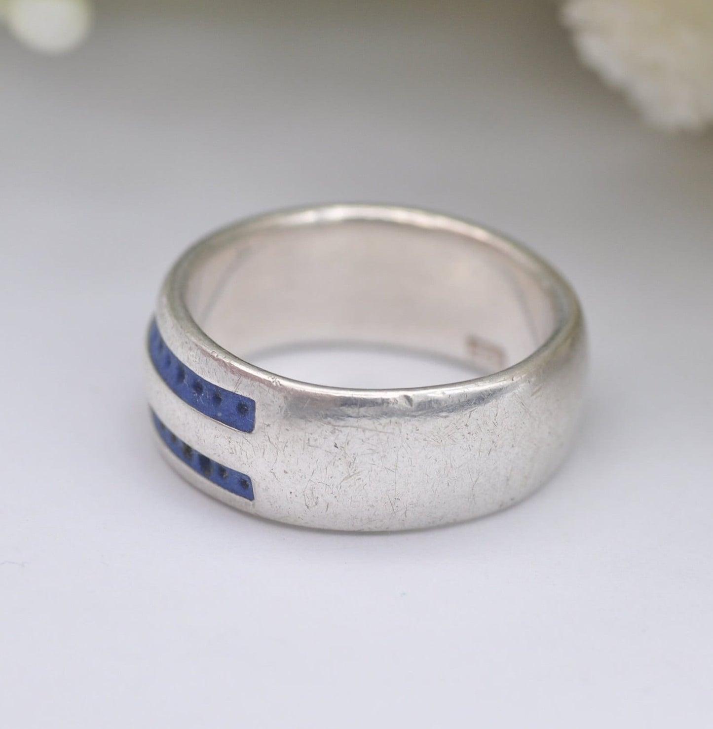 Vintage Sterling Silver Blue Enamel Band Ring - Unisex Silver | UK Size - N | US Size - 6 3/4