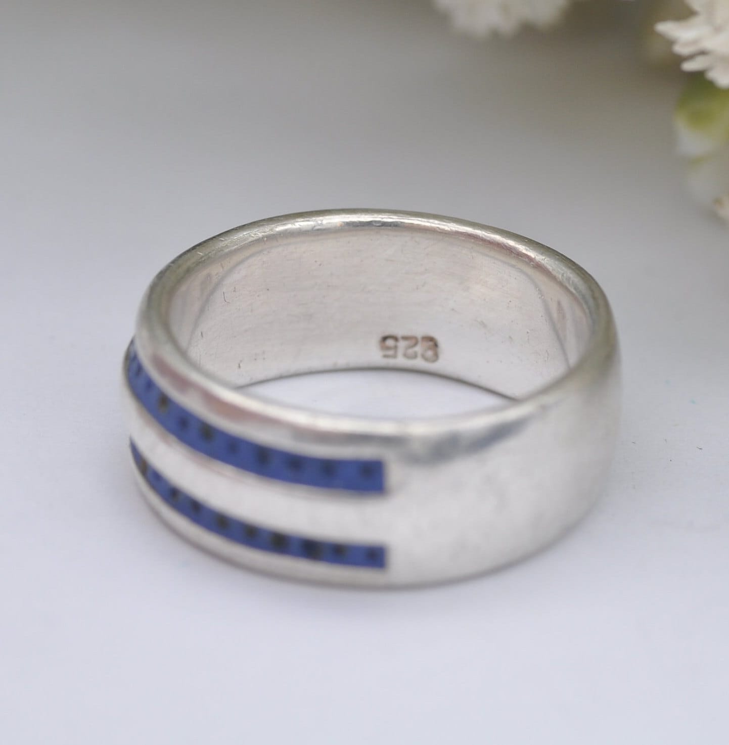 Vintage Sterling Silver Blue Enamel Band Ring - Unisex Silver | UK Size - N | US Size - 6 3/4