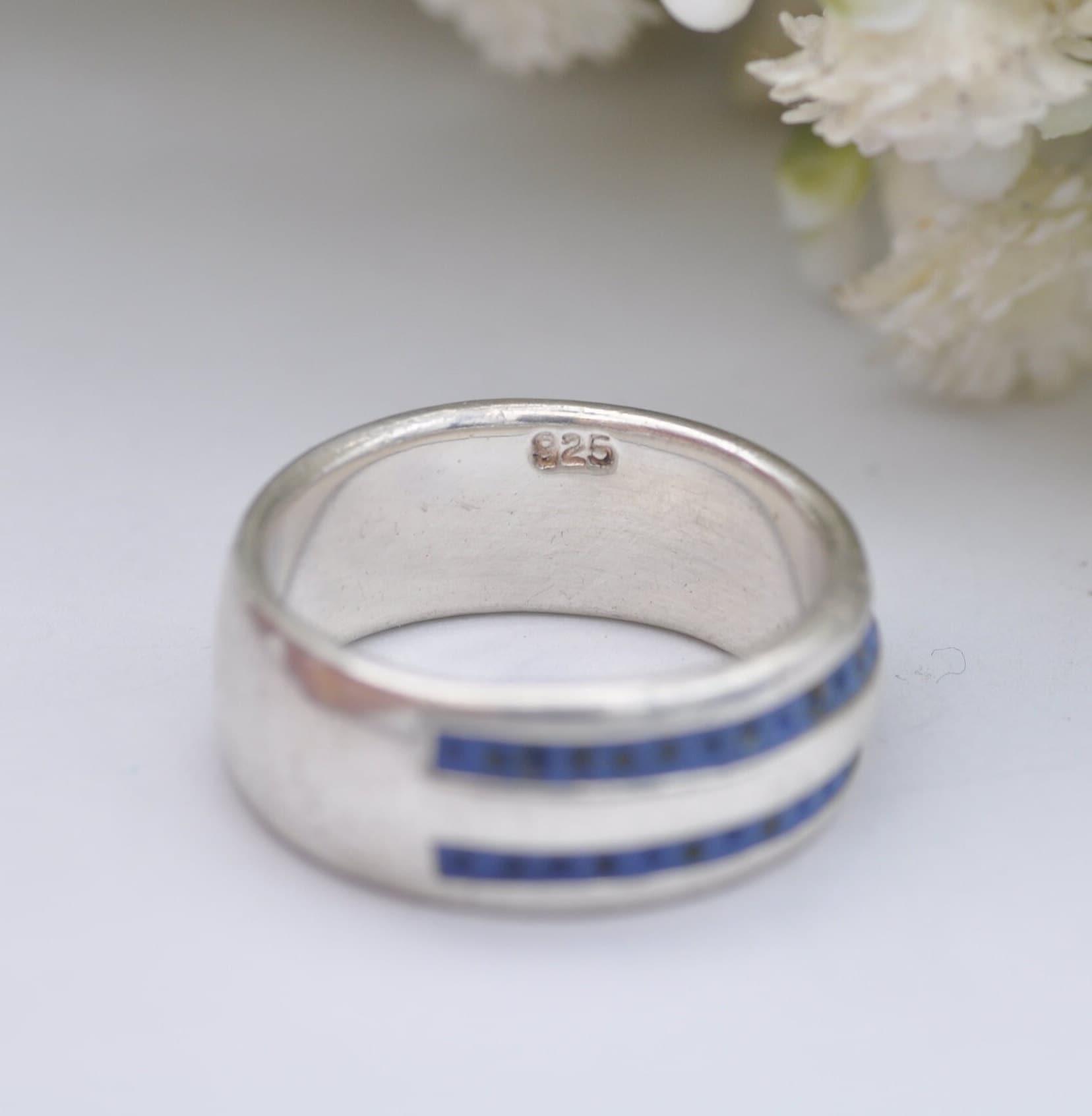 Vintage Sterling Silver Blue Enamel Band Ring - Unisex Silver | UK Size - N | US Size - 6 3/4