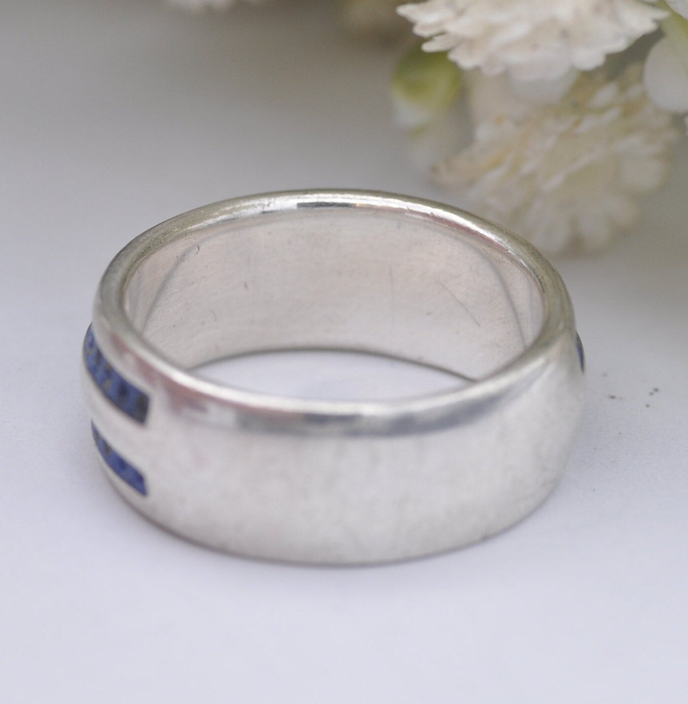 Vintage Sterling Silver Blue Enamel Band Ring - Unisex Silver | UK Size - N | US Size - 6 3/4