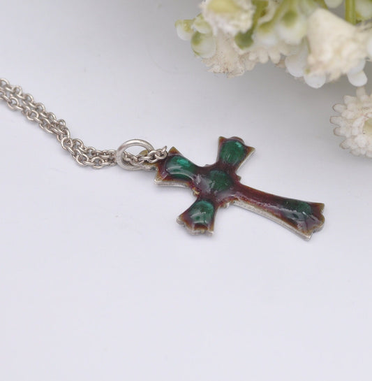 Vintage Sterling Silver Enamel Cross Pendant Necklace on a Cable Link Chain