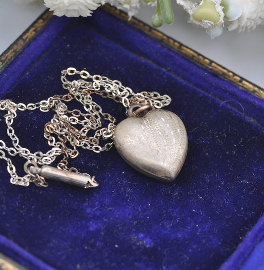 Antique Sterling Silver Puffed Heart Pendant Necklace with Hand Cut Design