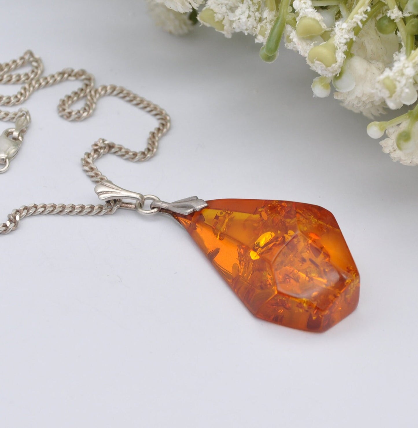 Sterling Silver and Amber Pendant Necklace - Baltic Amber Pendant