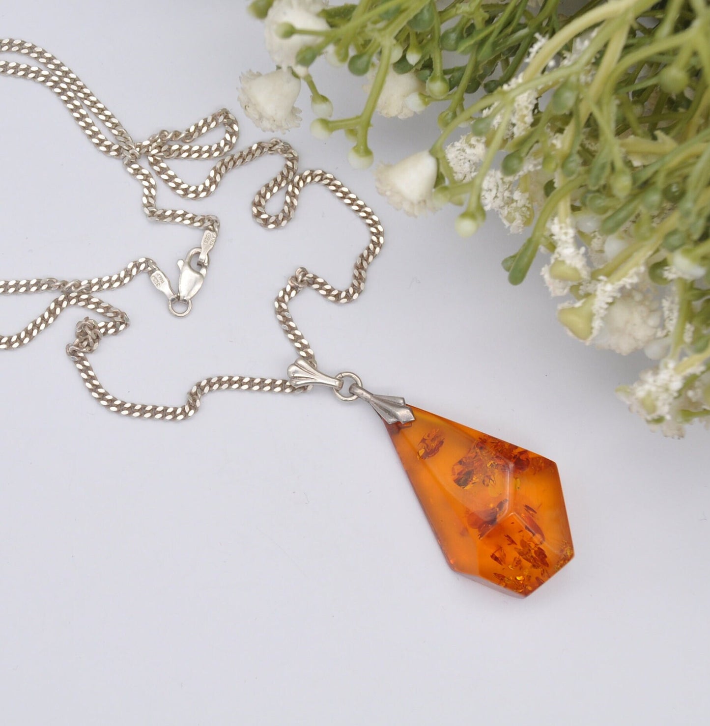 Sterling Silver and Amber Pendant Necklace - Baltic Amber Pendant