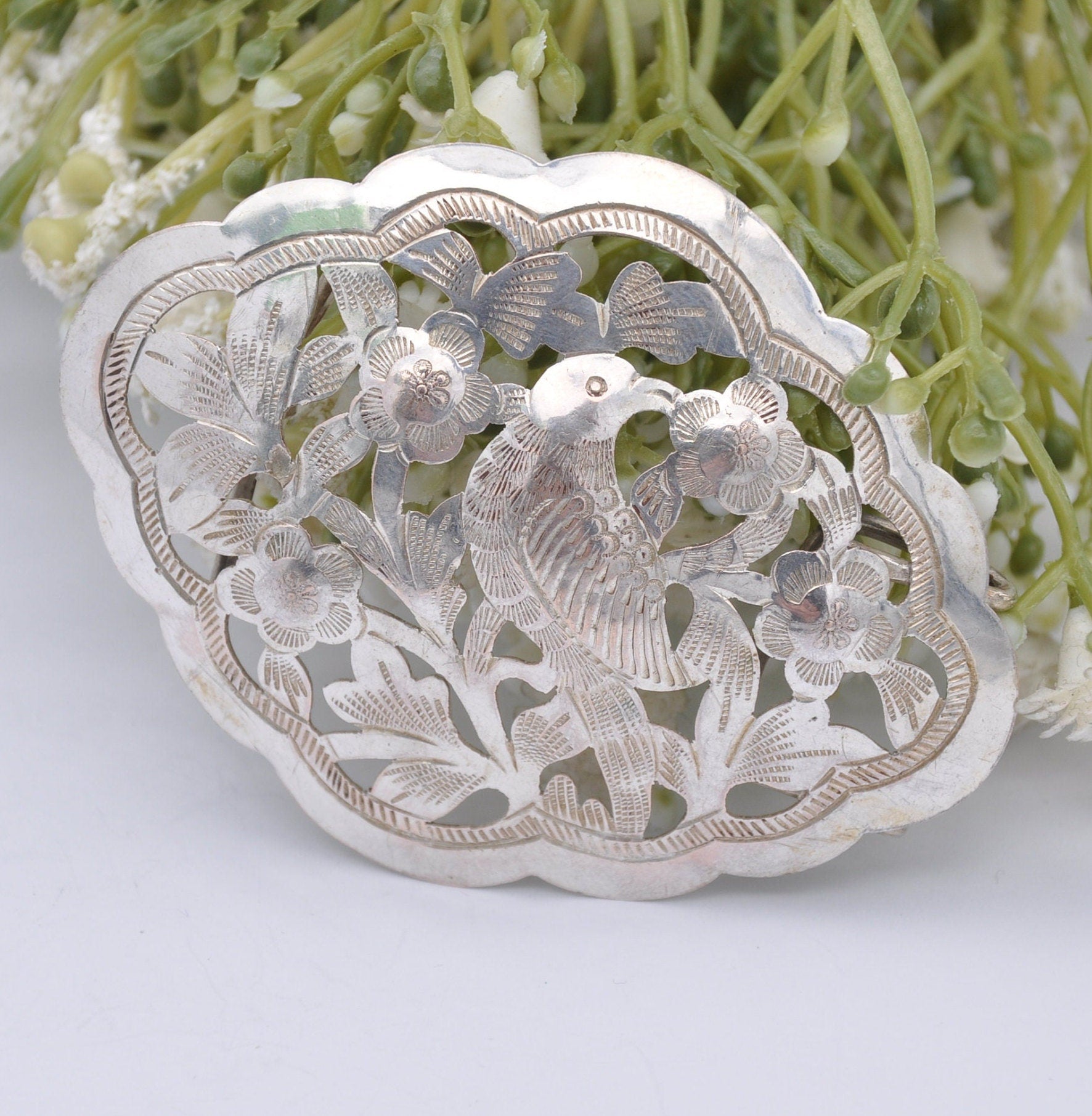 Antique Chinese Silver Belt Buckle - Aesthetic Movement Bird and Flower Design