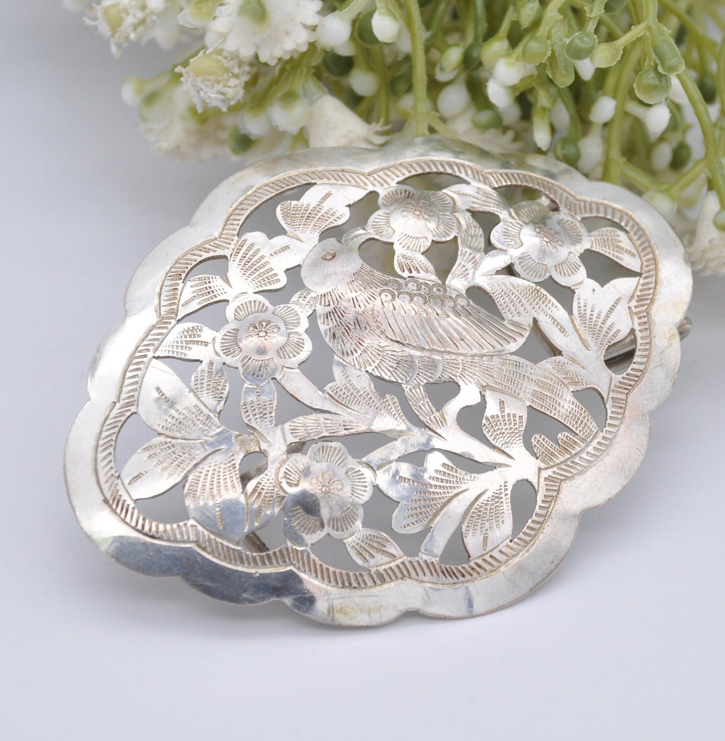 Antique Chinese Silver Belt Buckle - Aesthetic Movement Bird and Flower Design
