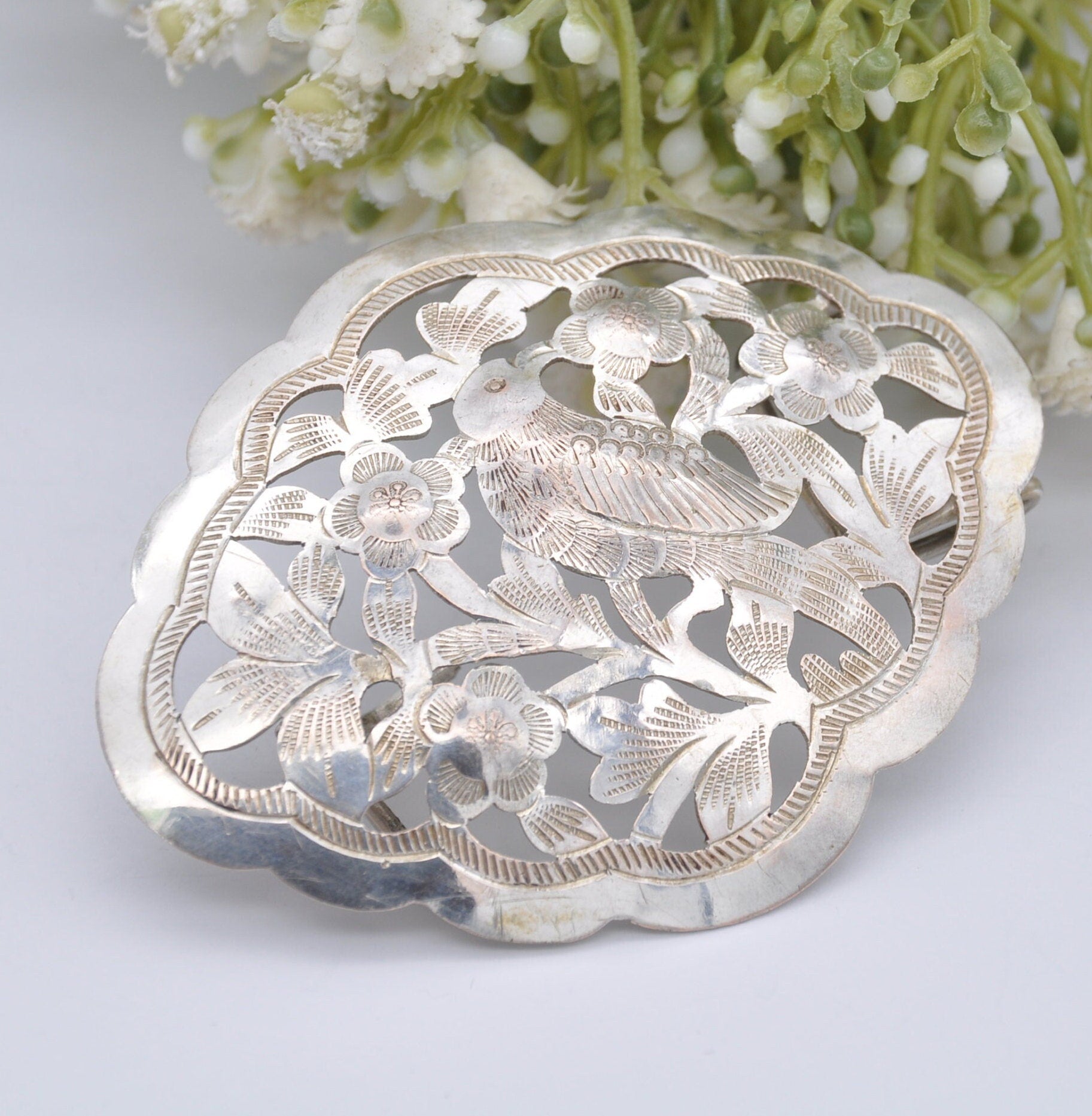 Antique Chinese Silver Belt Buckle - Aesthetic Movement Bird and Flower Design