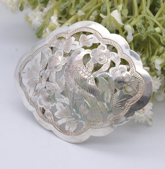Antique Chinese Silver Belt Buckle - Aesthetic Movement Bird and Flower Design