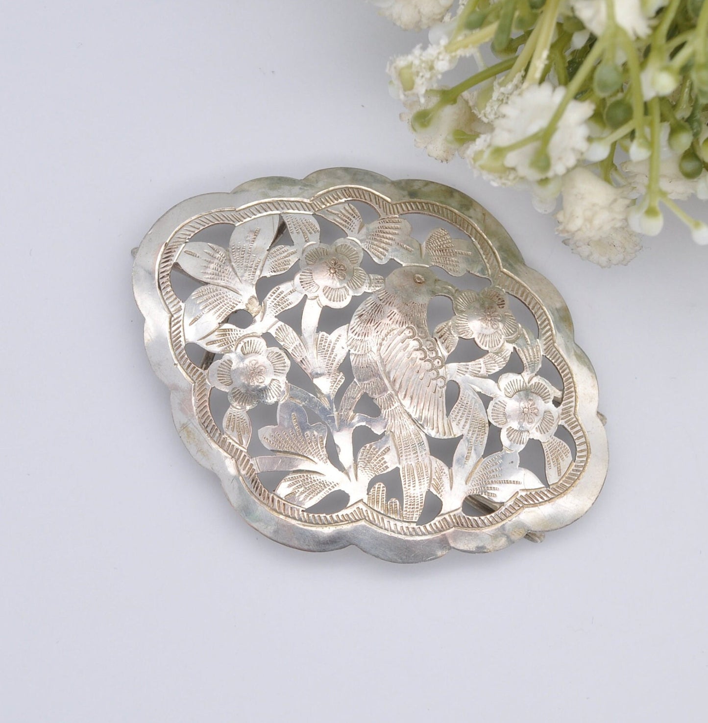 Antique Chinese Silver Belt Buckle - Aesthetic Movement Bird and Flower Design