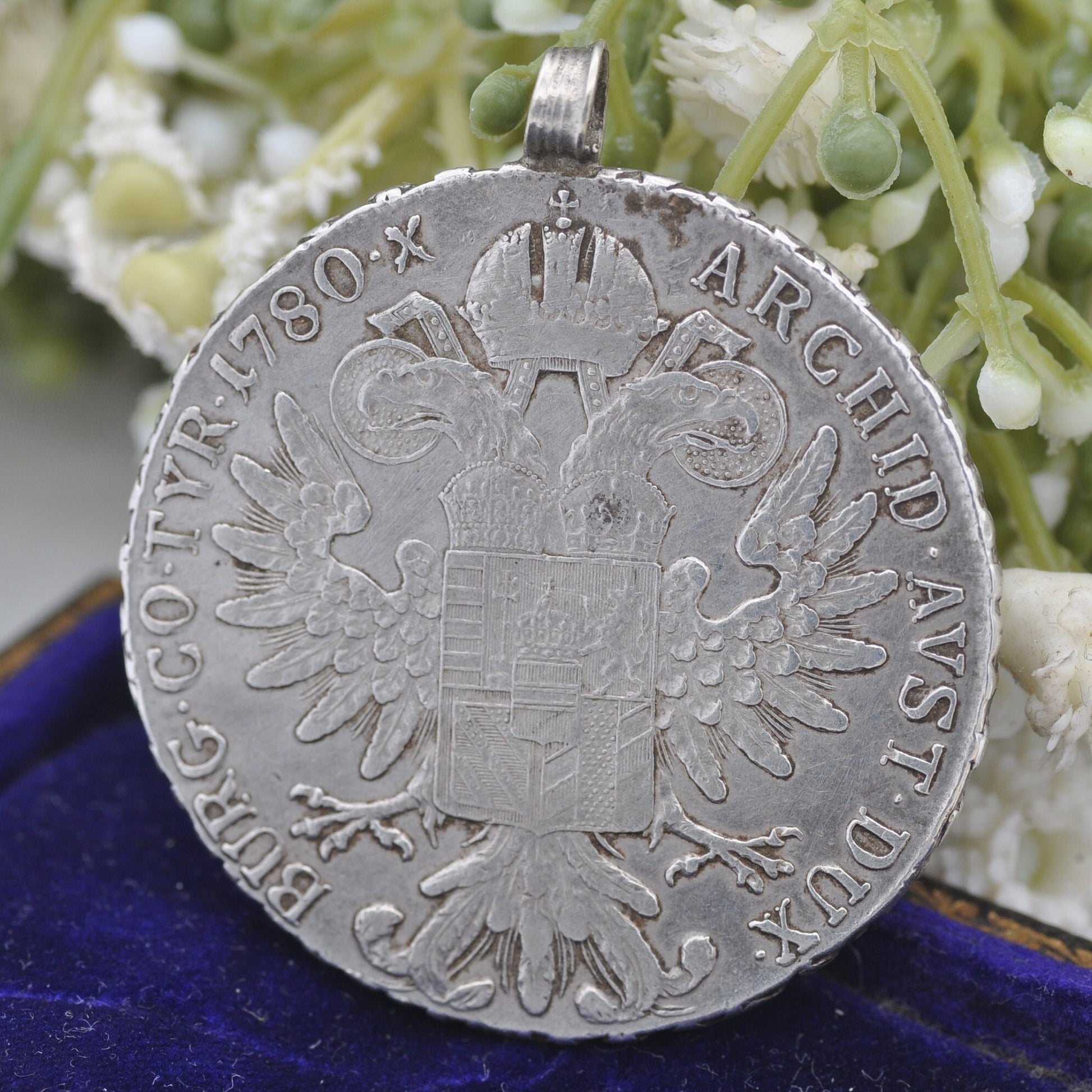 Antique Silver Maria Theresa Thaler Coin Pendant - Dated 1780 Austrian Coin