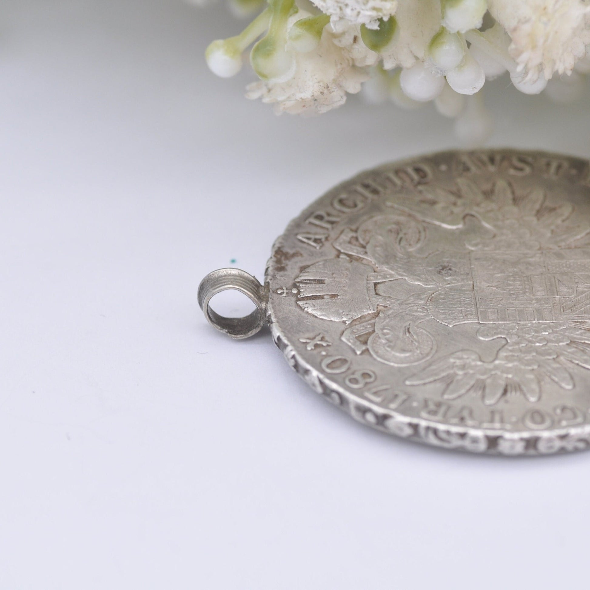 Antique Silver Maria Theresa Thaler Coin Pendant - Dated 1780 Austrian Coin