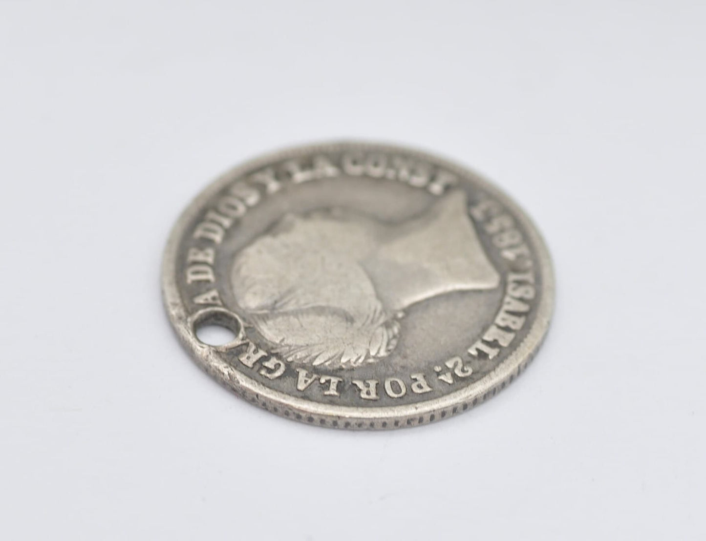 Antique 1853 Silver Isabel II Spain 2 Reales Pierced Coin Pendant