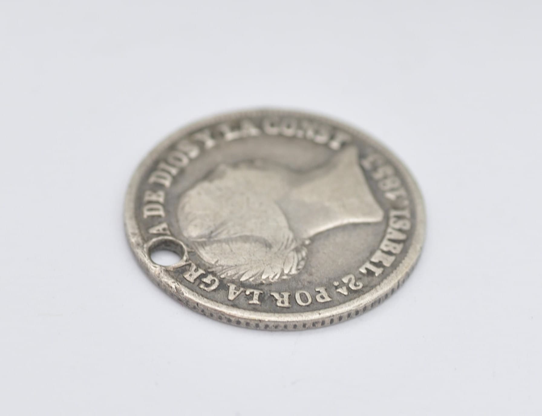 Antique 1853 Silver Isabel II Spain 2 Reales Pierced Coin Pendant
