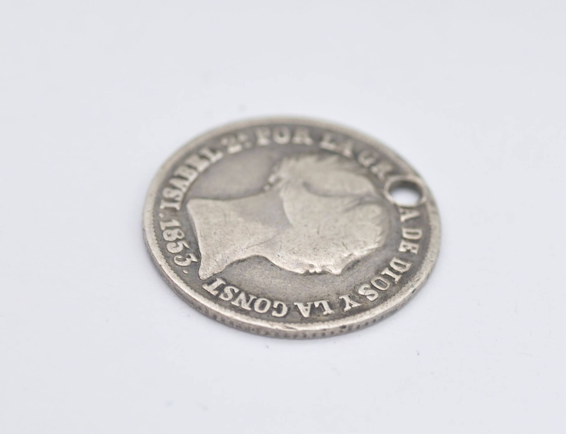 Antique 1853 Silver Isabel II Spain 2 Reales Pierced Coin Pendant