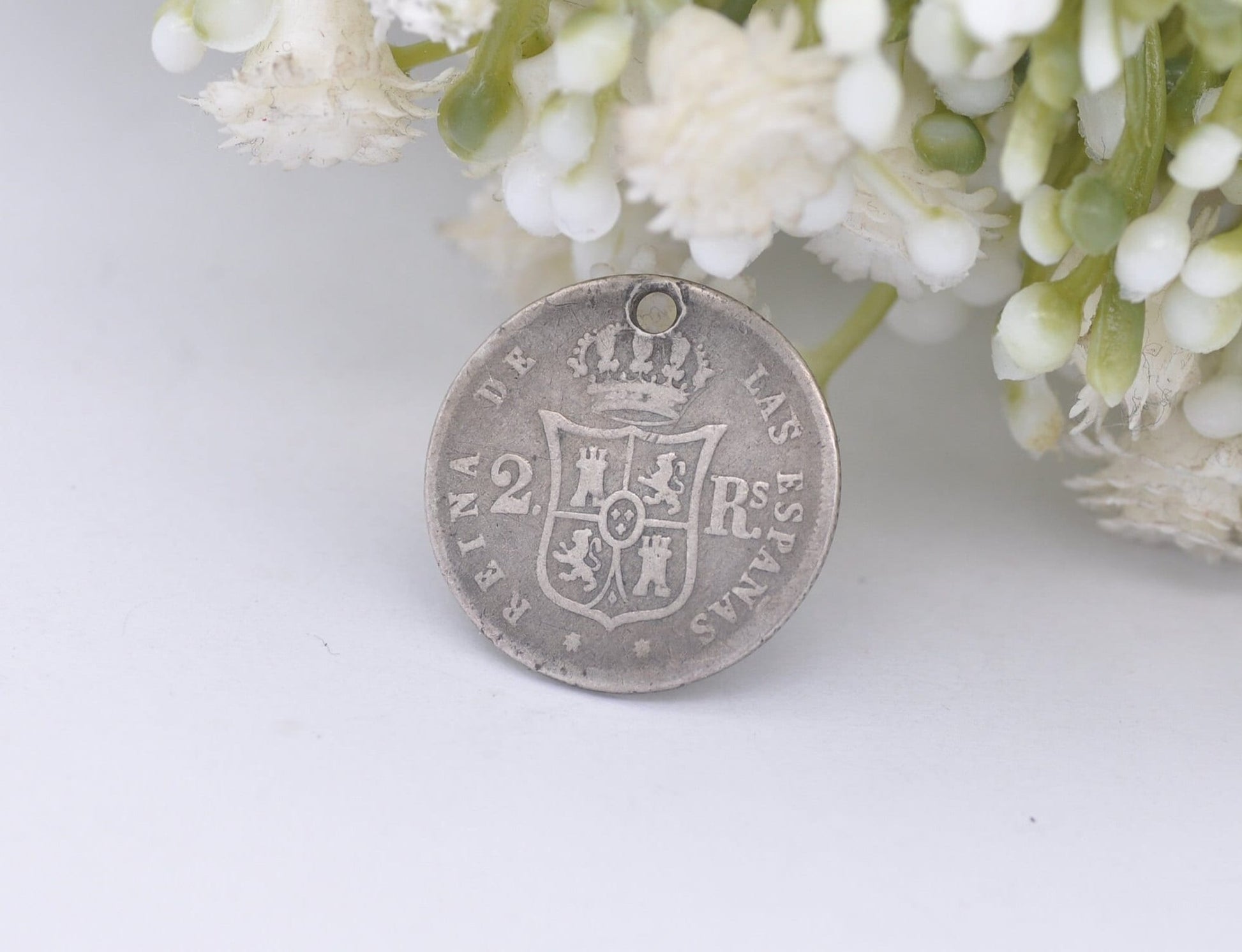 Antique 1853 Silver Isabel II Spain 2 Reales Pierced Coin Pendant