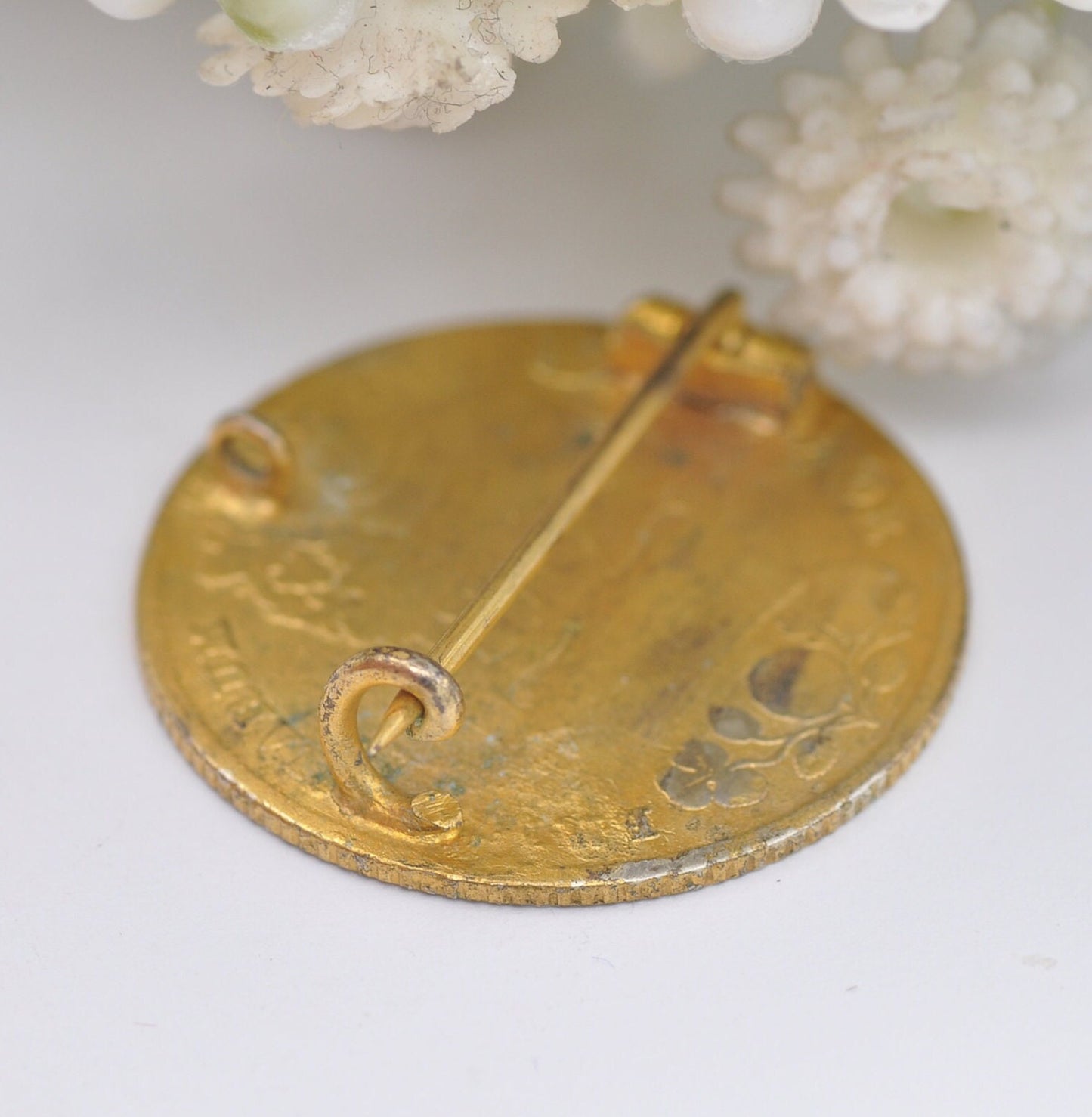 Antique Silver Gold Gilt Engraved Georgian One Shilling Coin Brooch