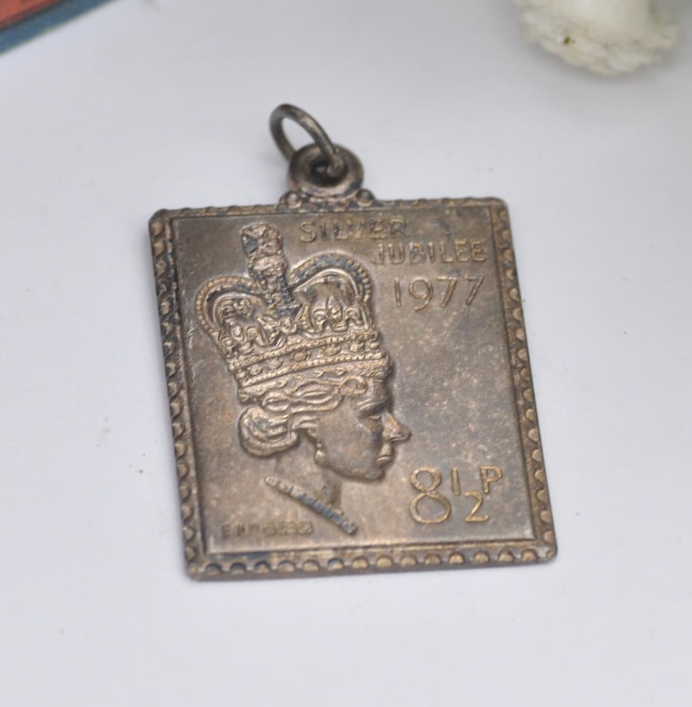 Vintage Sterling Silver Elizabeth II Silver Jubilee Stamp Pendant 1977 by EJLtd