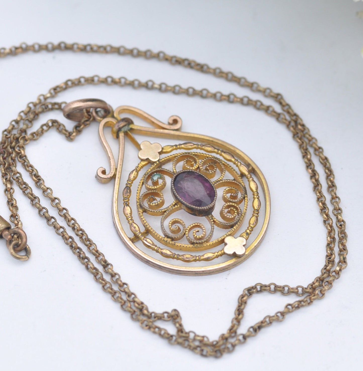 Antique Rolled Gold Amethyst Paste Pendant Necklace on Pioneer Chain