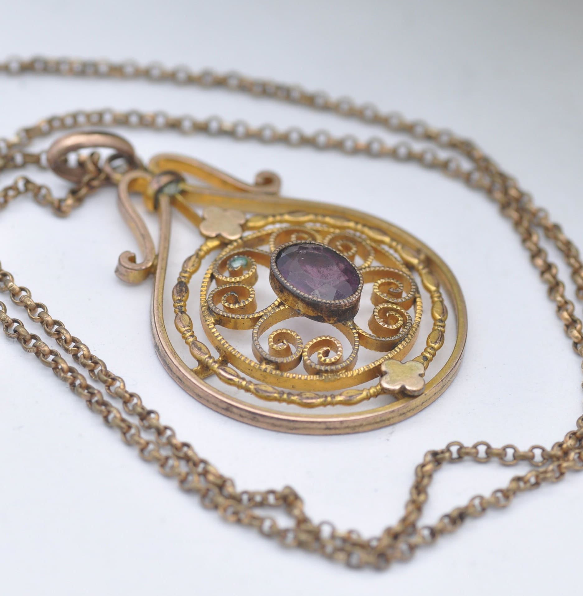 Antique Rolled Gold Amethyst Paste Pendant Necklace on Pioneer Chain