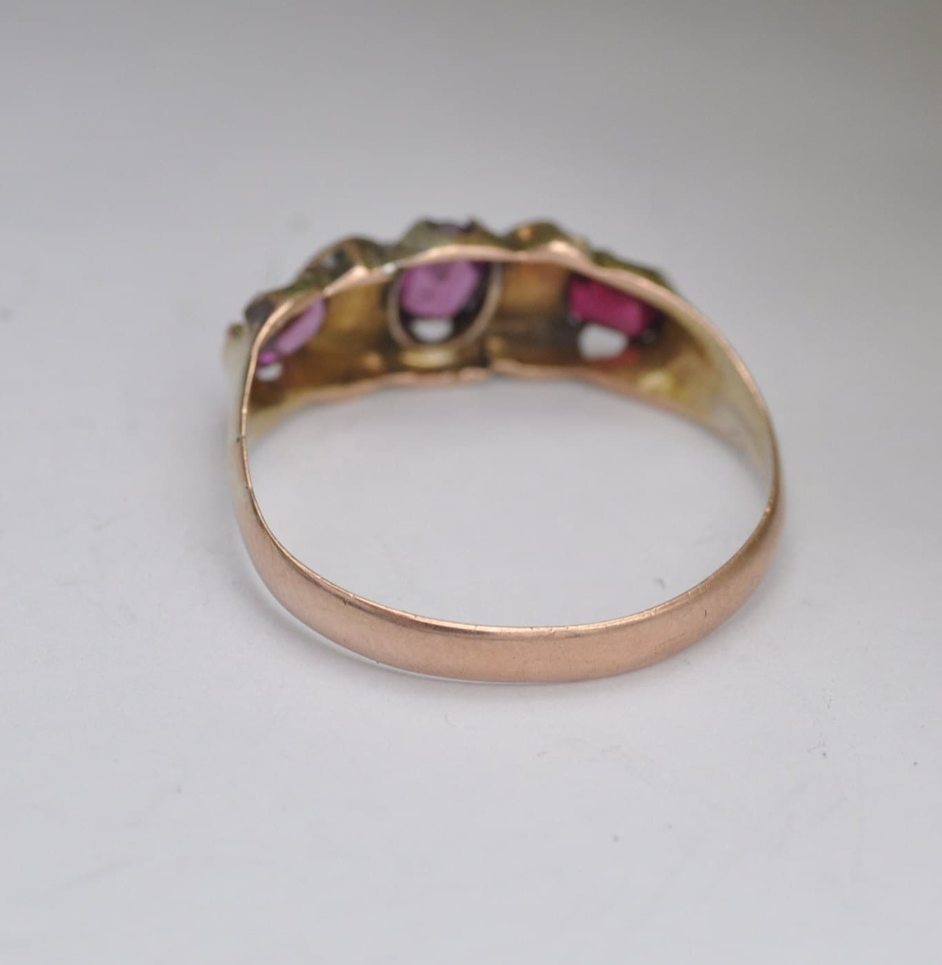 Antique 9ct Gold Amethyst Diamond Gypsy Ring - Three Stone Ring | UK Size - N 1/2 | US Size - 7