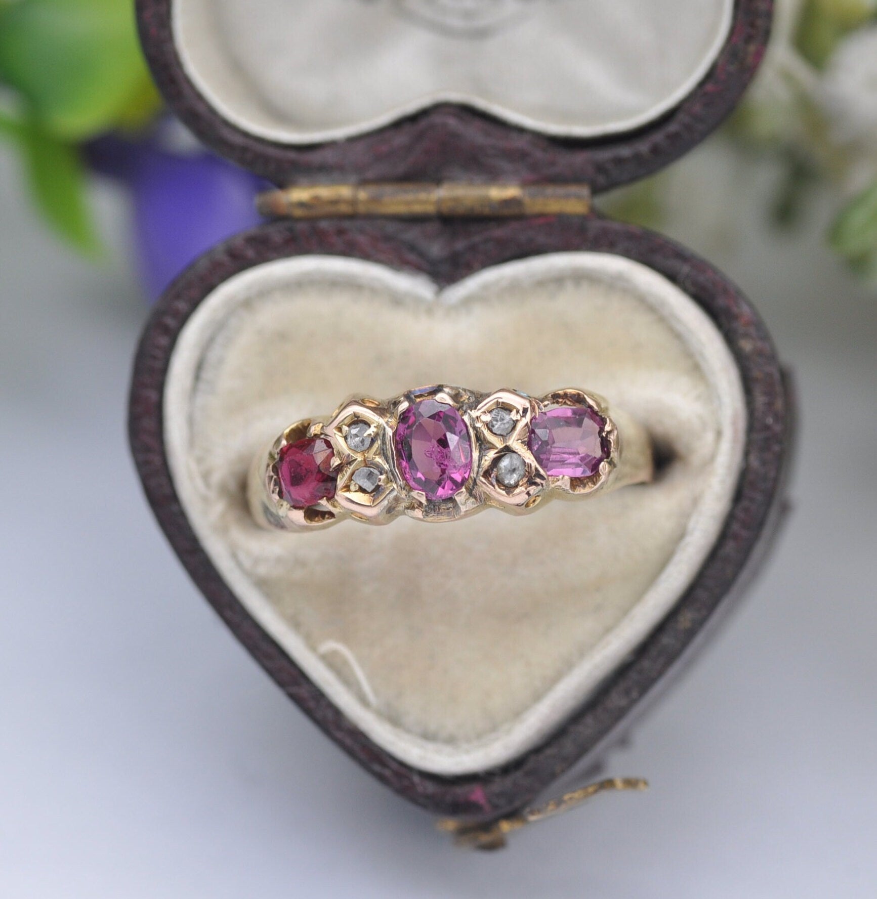 Antique 9ct Gold Amethyst Diamond Gypsy Ring - Three Stone Ring | UK Size - N 1/2 | US Size - 7