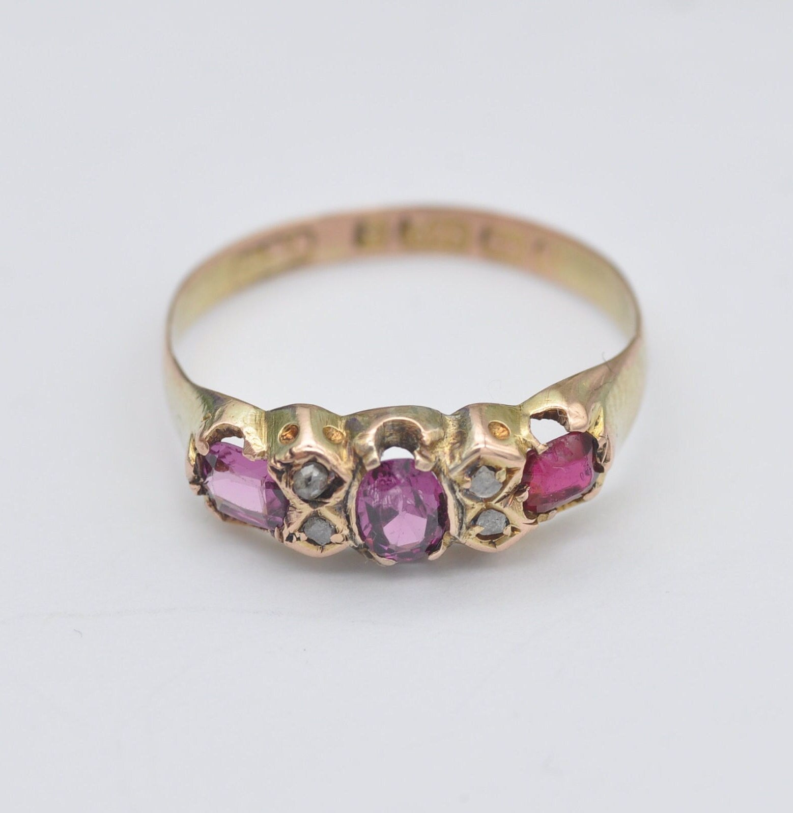 Antique 9ct Gold Amethyst Diamond Gypsy Ring - Three Stone Ring | UK Size - N 1/2 | US Size - 7