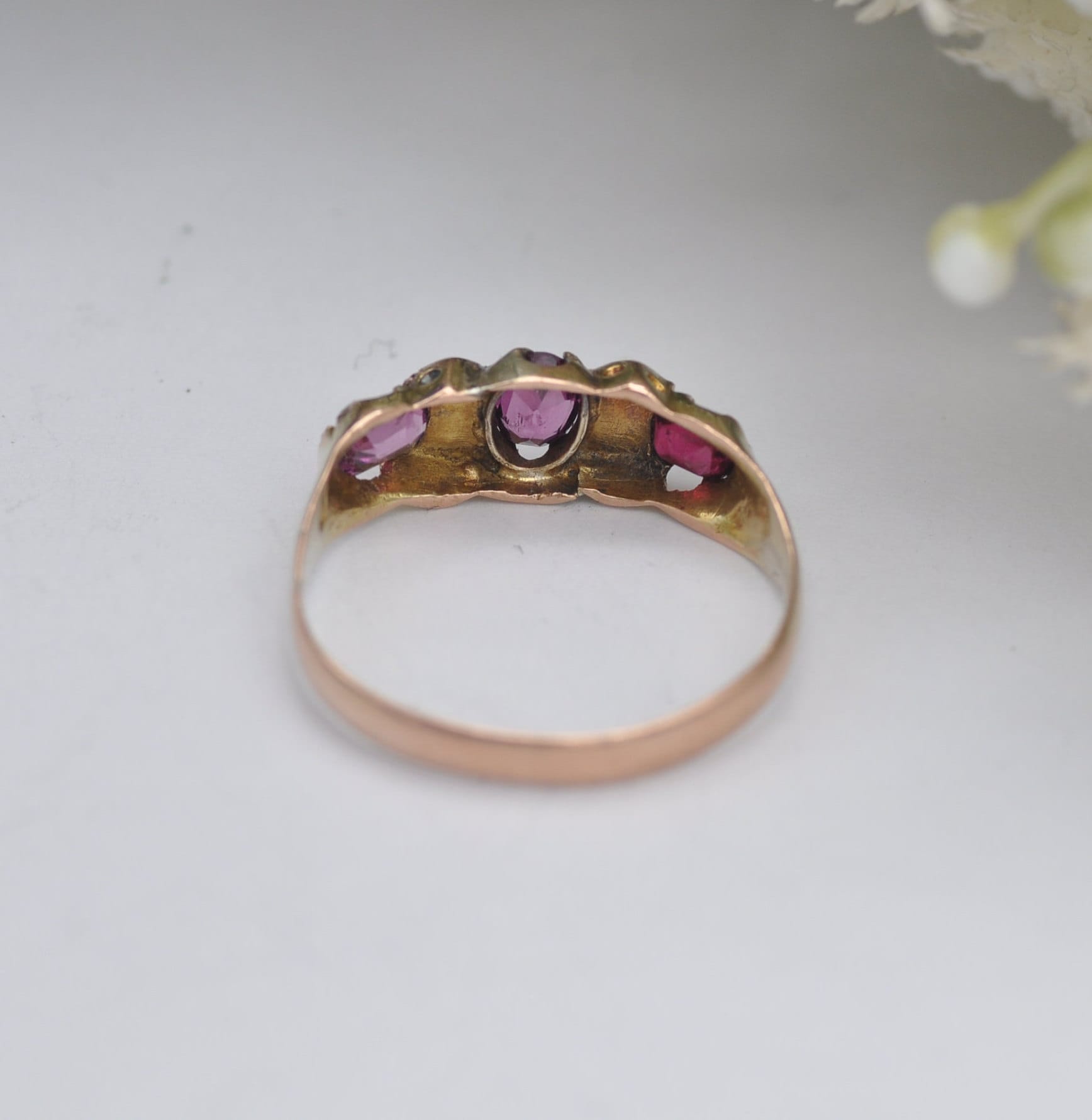 Antique 9ct Gold Amethyst Diamond Gypsy Ring - Three Stone Ring | UK Size - N 1/2 | US Size - 7