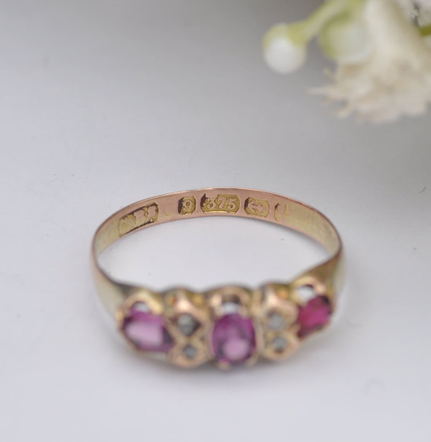 Antique 9ct Gold Amethyst Diamond Gypsy Ring - Three Stone Ring | UK Size - N 1/2 | US Size - 7