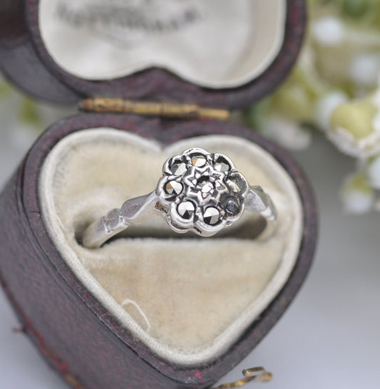 Vintage Sterling Silver Marcasite Flower Ring - UK Size L | US Size 5 3/4