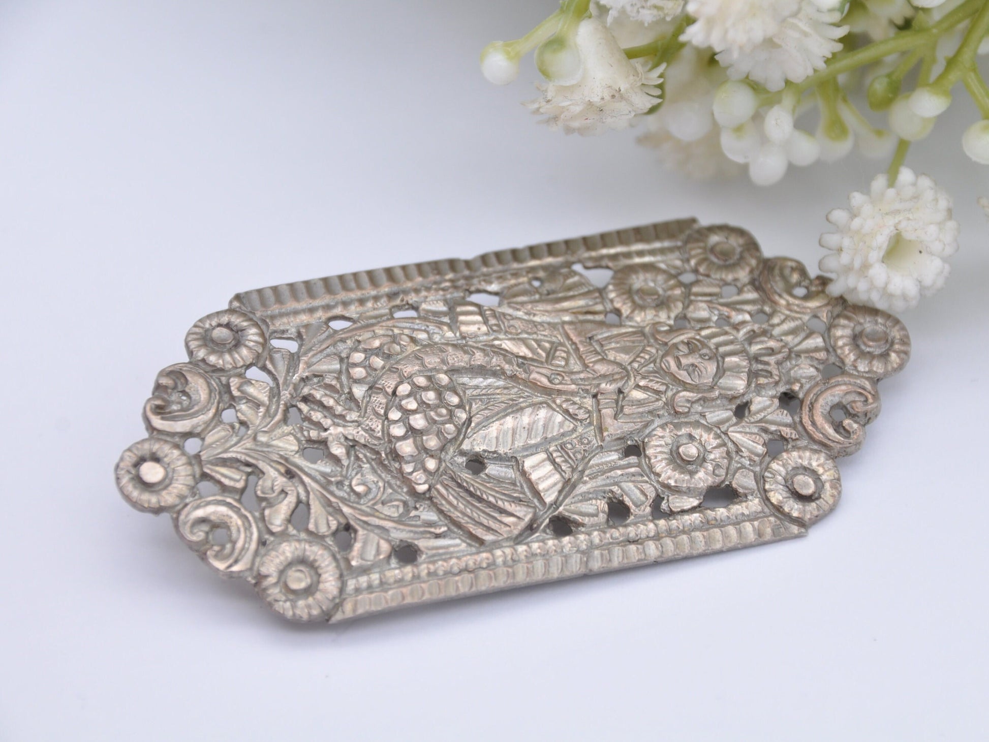 Vintage Indonesian Brooch with Goose and God - Silver Tone | Engraved Openwork