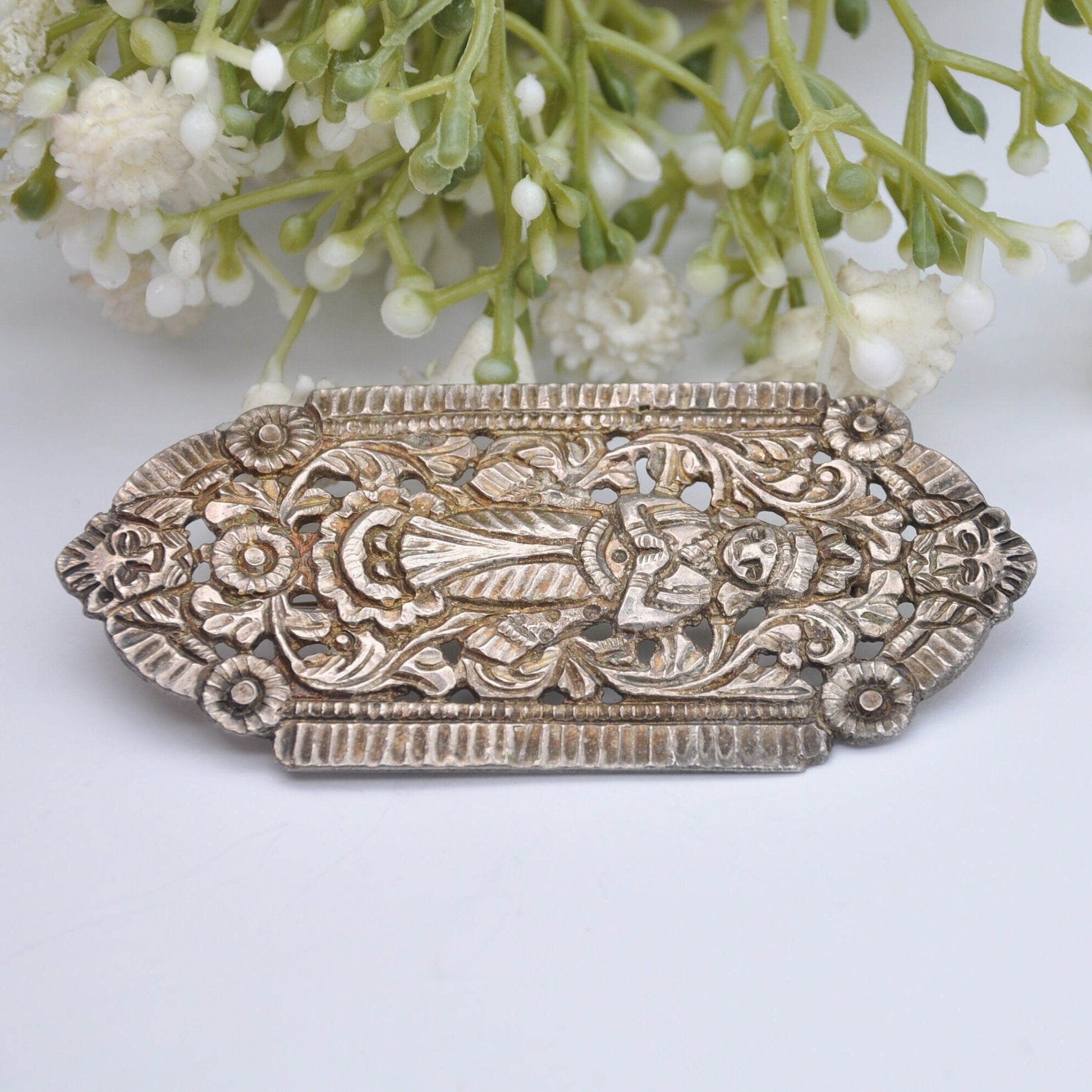 Vintage Indonesian Brooch with Lion Head Mounts - Silver Tone | Engraved Openwork