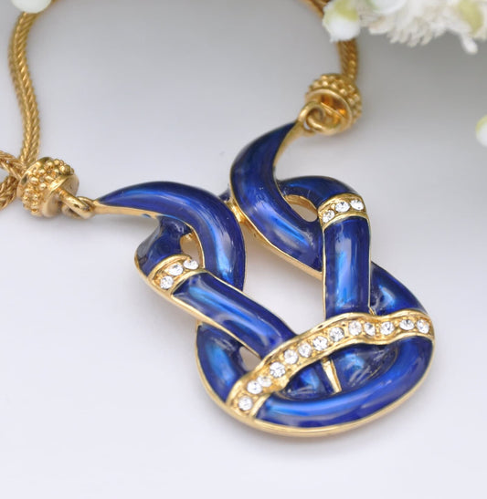 Vintage JBK Enamel Necklace - Jacqueline Kennedy Camrose & Kross | Gold Tone with Blue Enamel and Rhinestone