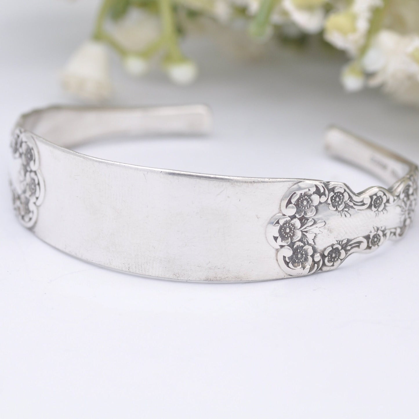 Antique Gorham Sterling Silver Cutlery Torque Bangle Bracelet with Flower Embossing