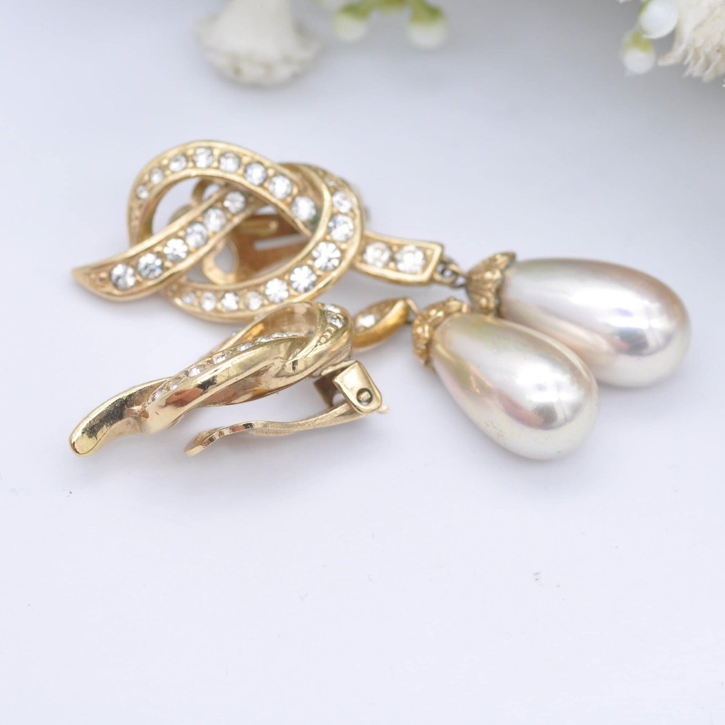 Vintage Attwood and Sawyer Clip-On Earrings with Faux Pearl Drops A&S - Sparkly Rhinestone Clip Ons